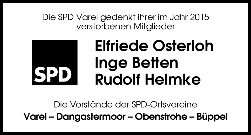  Traueranzeige für Inge Betten vom 06.02.2016 aus Nordwest-Zeitung