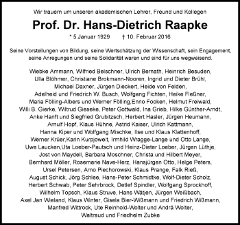 Traueranzeige von Hans-Dietrich Raapke von Nordwest-Zeitung