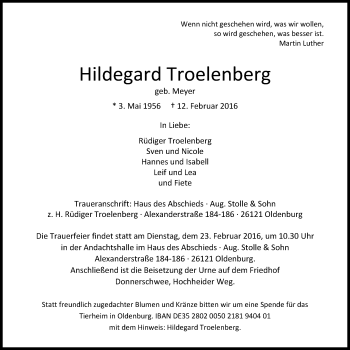 Traueranzeige von Hildegard Troelenberg von Nordwest-Zeitung