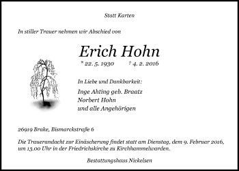 Traueranzeige von Erich Hohn von Nordwest-Zeitung