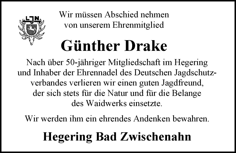  Traueranzeige für Günther Drake vom 17.02.2016 aus Nordwest-Zeitung