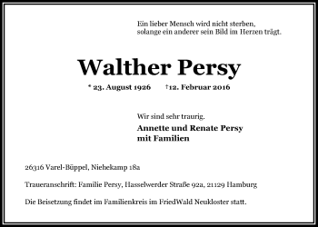 Traueranzeige von Walther Persy von Nordwest-Zeitung