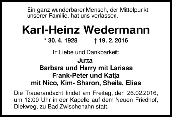 Traueranzeige von Karl-Heinz Wederman von Nordwest-Zeitung