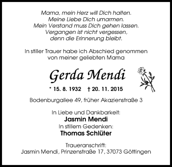 Traueranzeige von Gerda Mendi von Nordwest-Zeitung