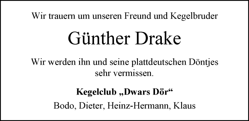  Traueranzeige für Günther Drake vom 17.02.2016 aus Nordwest-Zeitung