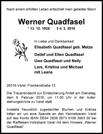 Traueranzeige von Werner Quadfasel von Nordwest-Zeitung