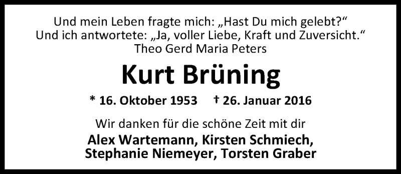  Traueranzeige für Kurt Brüning vom 12.02.2016 aus Nordwest-Zeitung