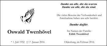 Traueranzeige von Oswald Twenhövel von Nordwest-Zeitung