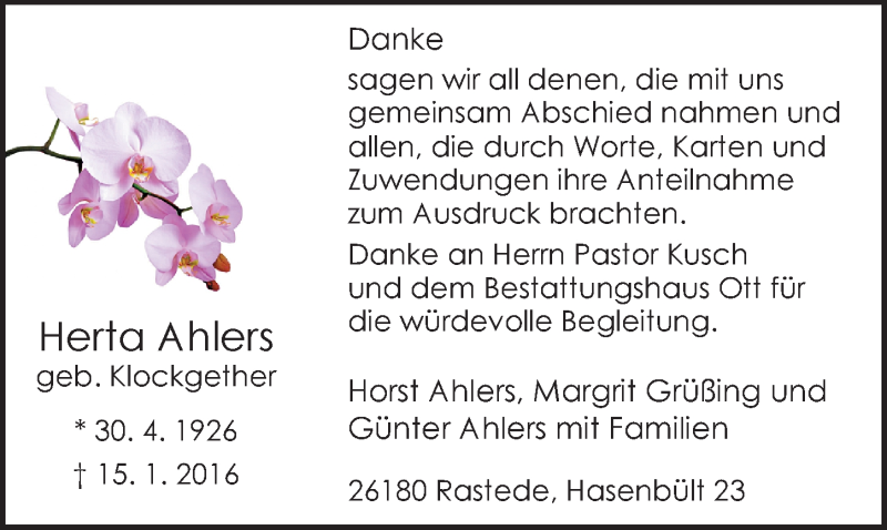 Traueranzeige für Herta Ahlers vom 27.02.2016 aus Nordwest-Zeitung