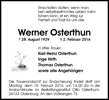 Traueranzeige von Werner Osterthun von Nordwest-Zeitung