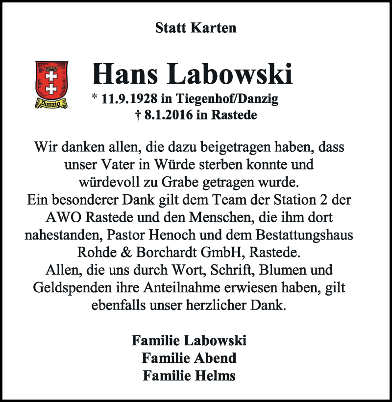  Traueranzeige für Hans Labowski vom 06.02.2016 aus Nordwest-Zeitung