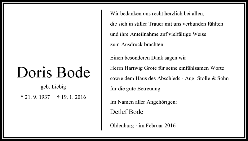  Traueranzeige für Doris Bode vom 20.02.2016 aus Nordwest-Zeitung