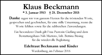 Traueranzeige von Klaus Beckmann von Nordwest-Zeitung