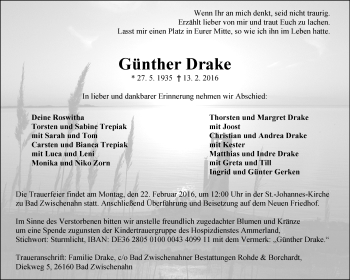 Traueranzeige von Günther Drake von Nordwest-Zeitung