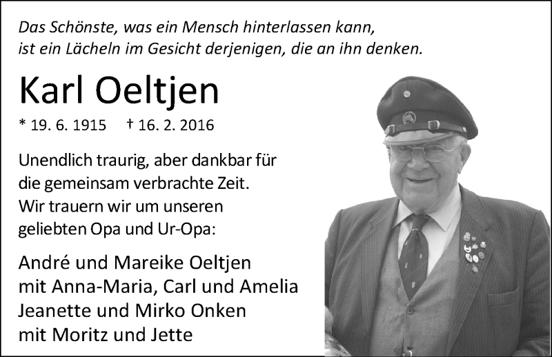  Traueranzeige für Karl Oeltjen vom 19.02.2016 aus Nordwest-Zeitung