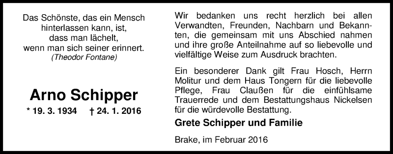  Traueranzeige für Arno Schipper vom 27.02.2016 aus Nordwest-Zeitung