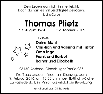Traueranzeige von Thomas Plietz von Nordwest-Zeitung
