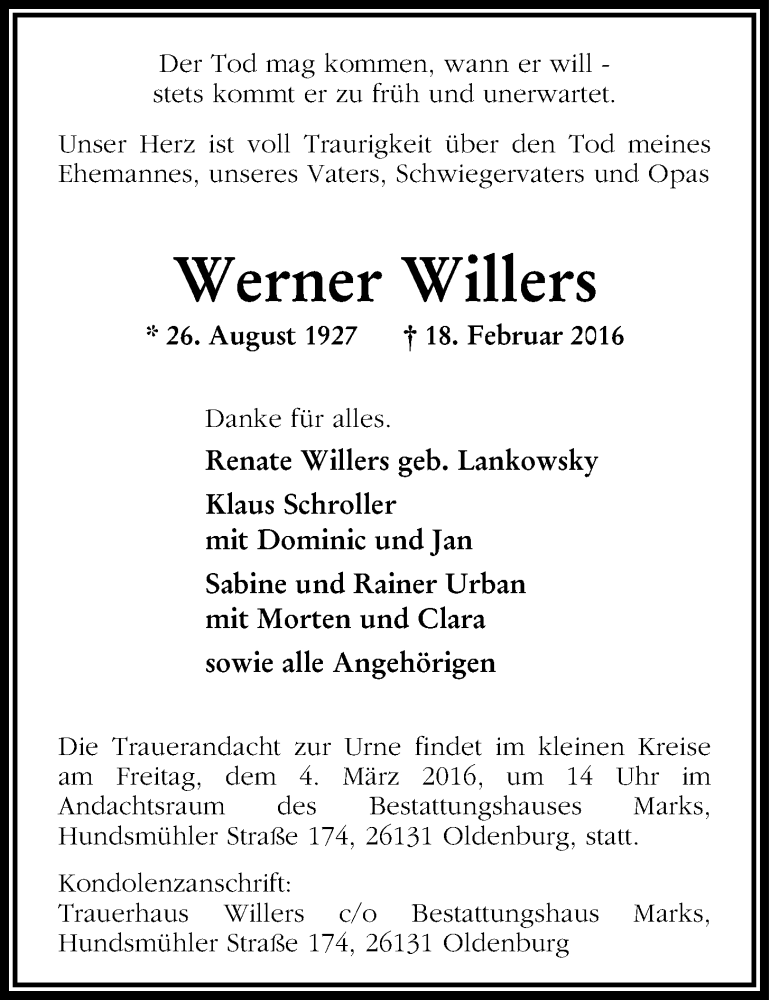  Traueranzeige für Werner Willers vom 27.02.2016 aus Nordwest-Zeitung