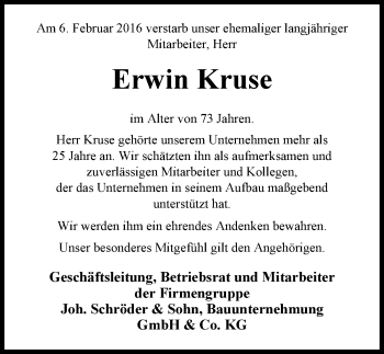 Traueranzeige von Erwin Kruse von Nordwest-Zeitung