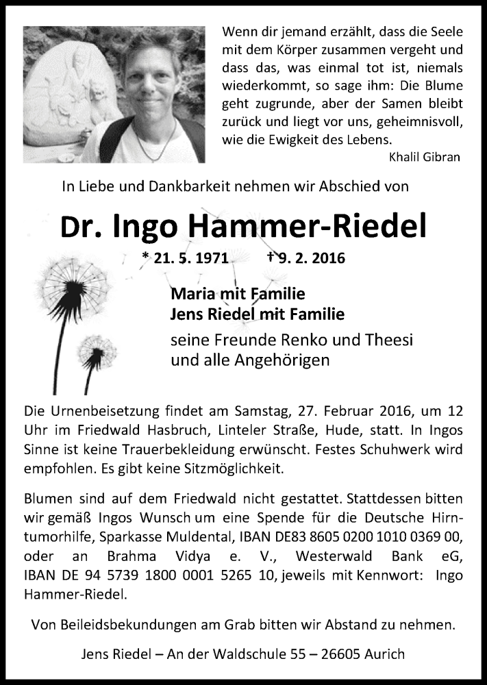  Traueranzeige für Dr. Ingo Hammer-Riedel vom 20.02.2016 aus Nordwest-Zeitung