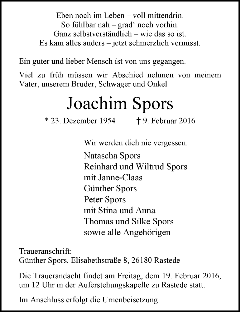  Traueranzeige für Joachim Spors vom 13.02.2016 aus Nordwest-Zeitung