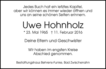 Traueranzeige von Uwe Hohnholz von Nordwest-Zeitung