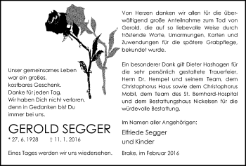 Traueranzeige von Gerold Segger von Nordwest-Zeitung