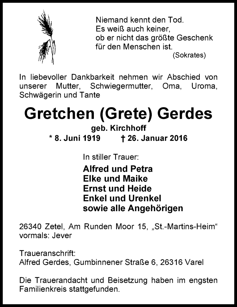  Traueranzeige für Gretchen Gerdes vom 03.02.2016 aus Nordwest-Zeitung