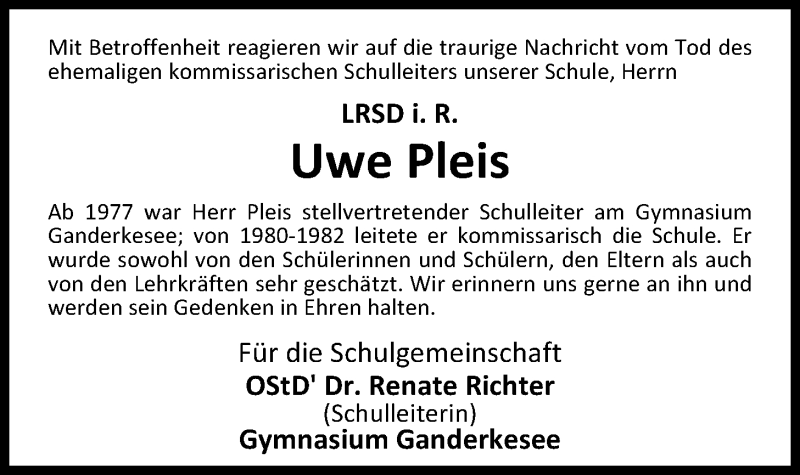  Traueranzeige für Uwe Tees Pleis vom 17.02.2016 aus Nordwest-Zeitung