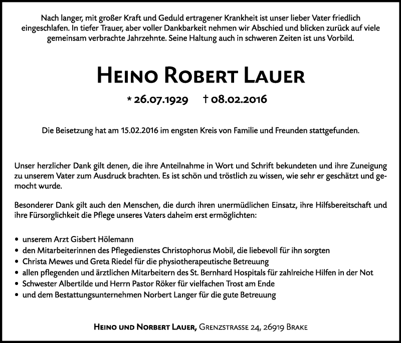  Traueranzeige für Heino Robert Lauer vom 20.02.2016 aus Nordwest-Zeitung