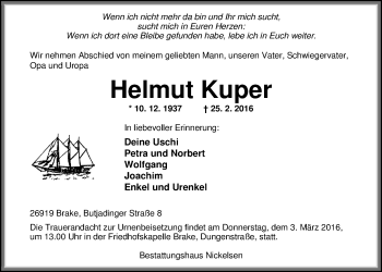Traueranzeige von Helmut Kuper von Nordwest-Zeitung