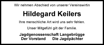 Traueranzeige von Hildegard Keilers von Nordwest-Zeitung