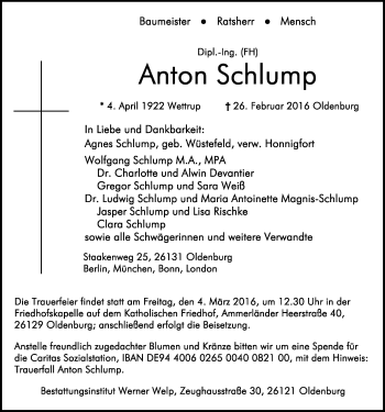 Traueranzeige von Anton Schlump von Nordwest-Zeitung