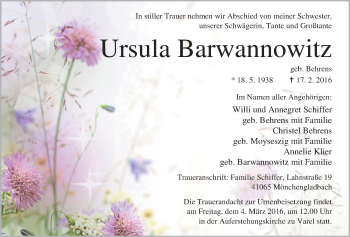 Traueranzeige von Ursula Barwannowitz von Nordwest-Zeitung