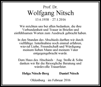 Traueranzeige von Wolfgang Nitsch von Nordwest-Zeitung
