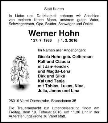 Traueranzeige von Werner Hohn von Nordwest-Zeitung