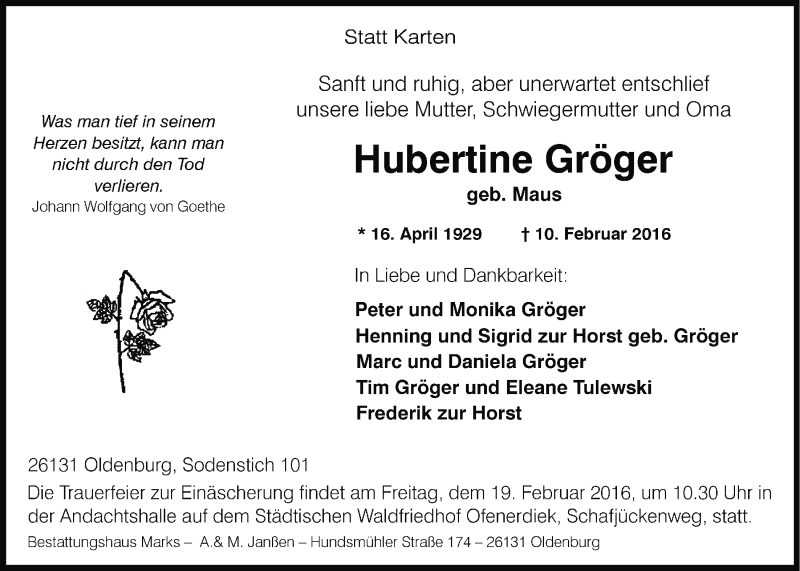  Traueranzeige für Hubertine Gröger vom 13.02.2016 aus Nordwest-Zeitung
