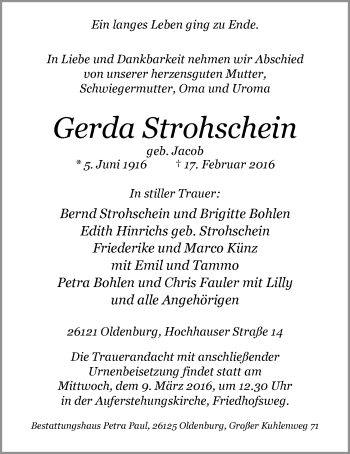 Traueranzeige von Gerda Strohschein von Nordwest-Zeitung