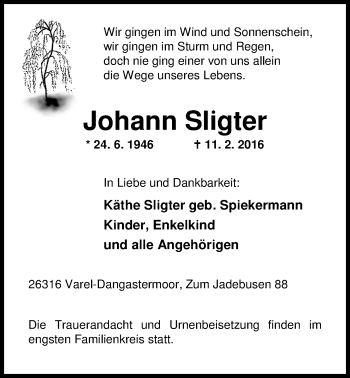 Traueranzeige von Johann Sligter von Nordwest-Zeitung