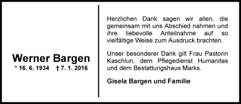 Traueranzeige von Werner Bargen von Nordwest-Zeitung