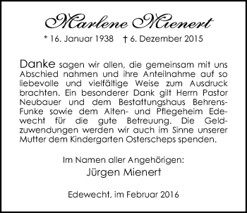 Traueranzeige von Marlene Mienert von Nordwest-Zeitung