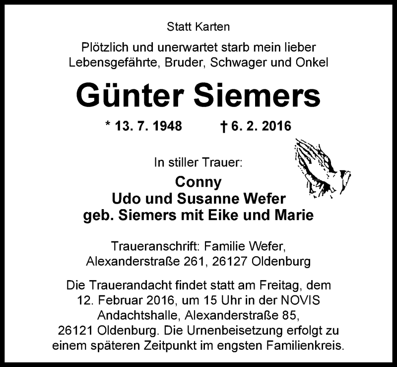 Traueranzeige für Günter Siemers vom 09.02.2016 aus Nordwest-Zeitung