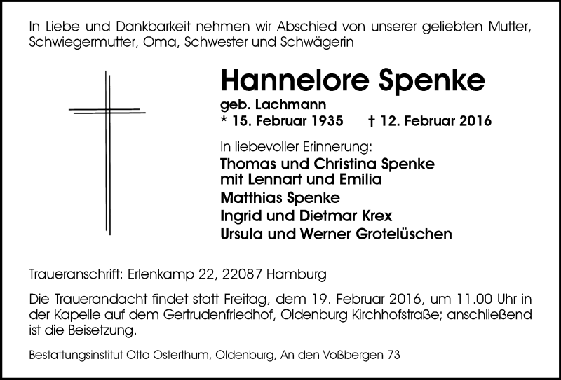  Traueranzeige für Hannelore Spenke vom 16.02.2016 aus Nordwest-Zeitung