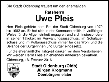 Traueranzeige von Uwe Tees Pleis von Nordwest-Zeitung