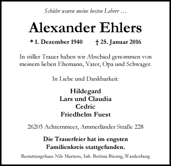 Traueranzeige von Alexander Ehlers von Nordwest-Zeitung