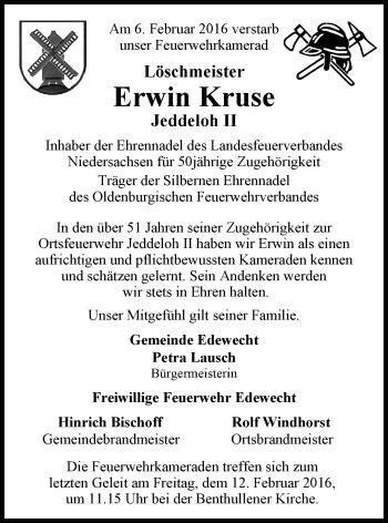 Traueranzeige von Erwin Kruse von Nordwest-Zeitung