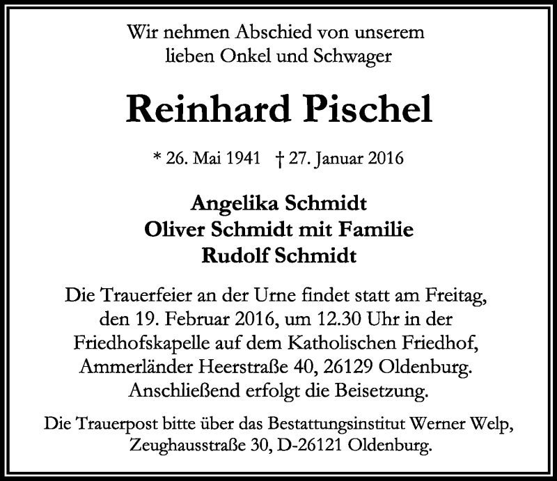  Traueranzeige für Reinhard Pischel vom 13.02.2016 aus Nordwest-Zeitung