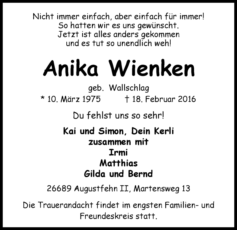  Traueranzeige für Anika Wienken vom 22.02.2016 aus Nordwest-Zeitung