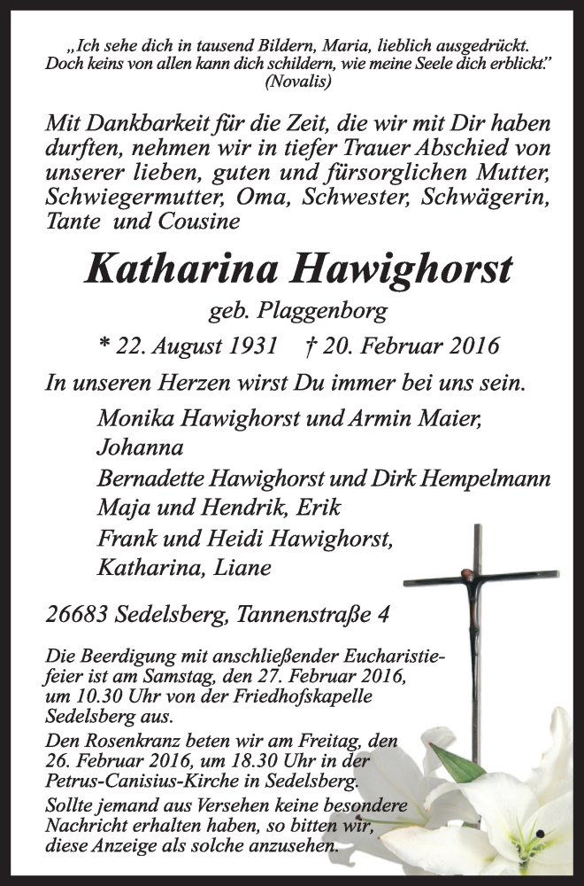  Traueranzeige für Katharina (Käthe) Hawighorst vom 24.02.2016 aus Nordwest-Zeitung