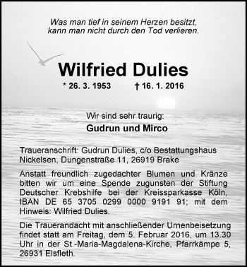 Traueranzeige von Wilfried Dulies von Nordwest-Zeitung